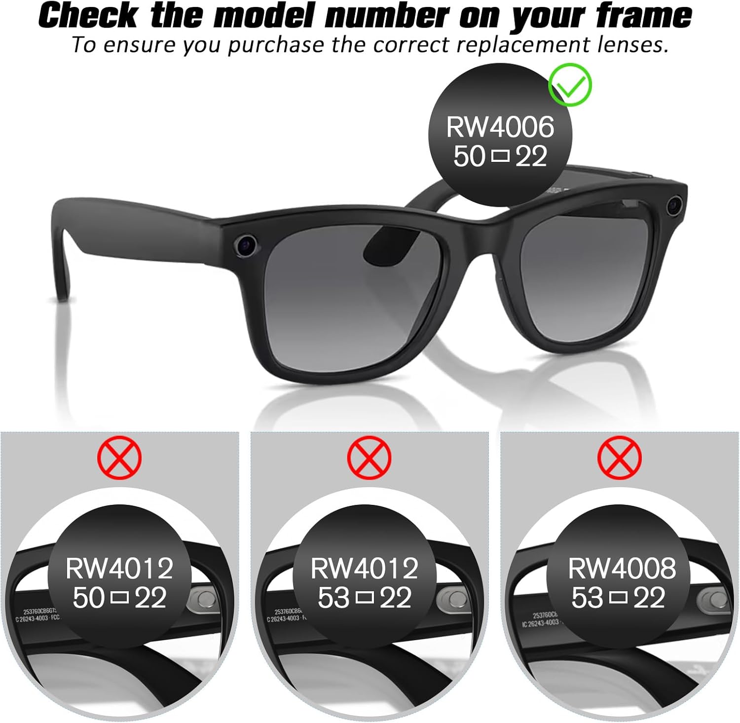 Vapulico Replacement Lenses for Ray-Ban Meta Wayfarer RW4006/4008/4012 50/53mm Smart Glasses, HD Polarized