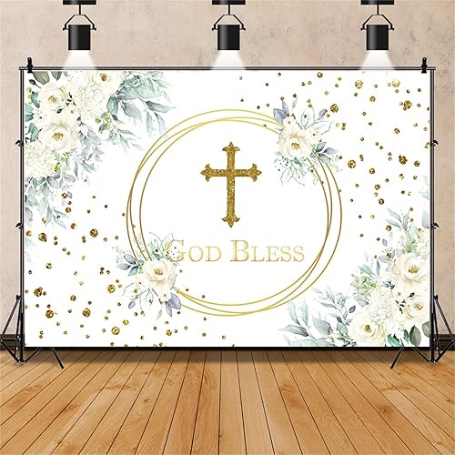 Telón de fondo con texto en inglés "God Bless Mi Bautismo", para la primera comunión, decoración de fiesta de baby shower, para niñas y niños, fondo