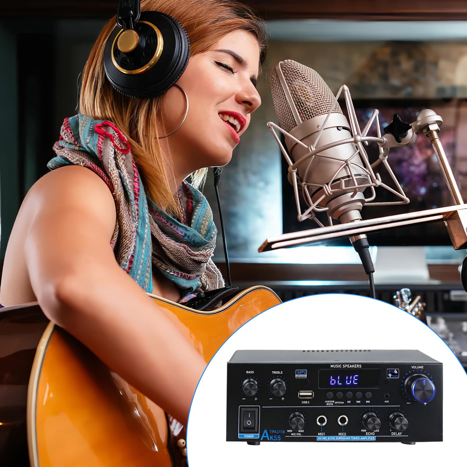 AK55 Amplificatore HiFi Mini Bluetooth 5.0 Stereo Amplifier 2.0 Canali 70W X 2 Audio Amplificatore Digitale Amplificatore con radio FM, telecomando, Opt/AUX/RCA/USB/MIC/BT