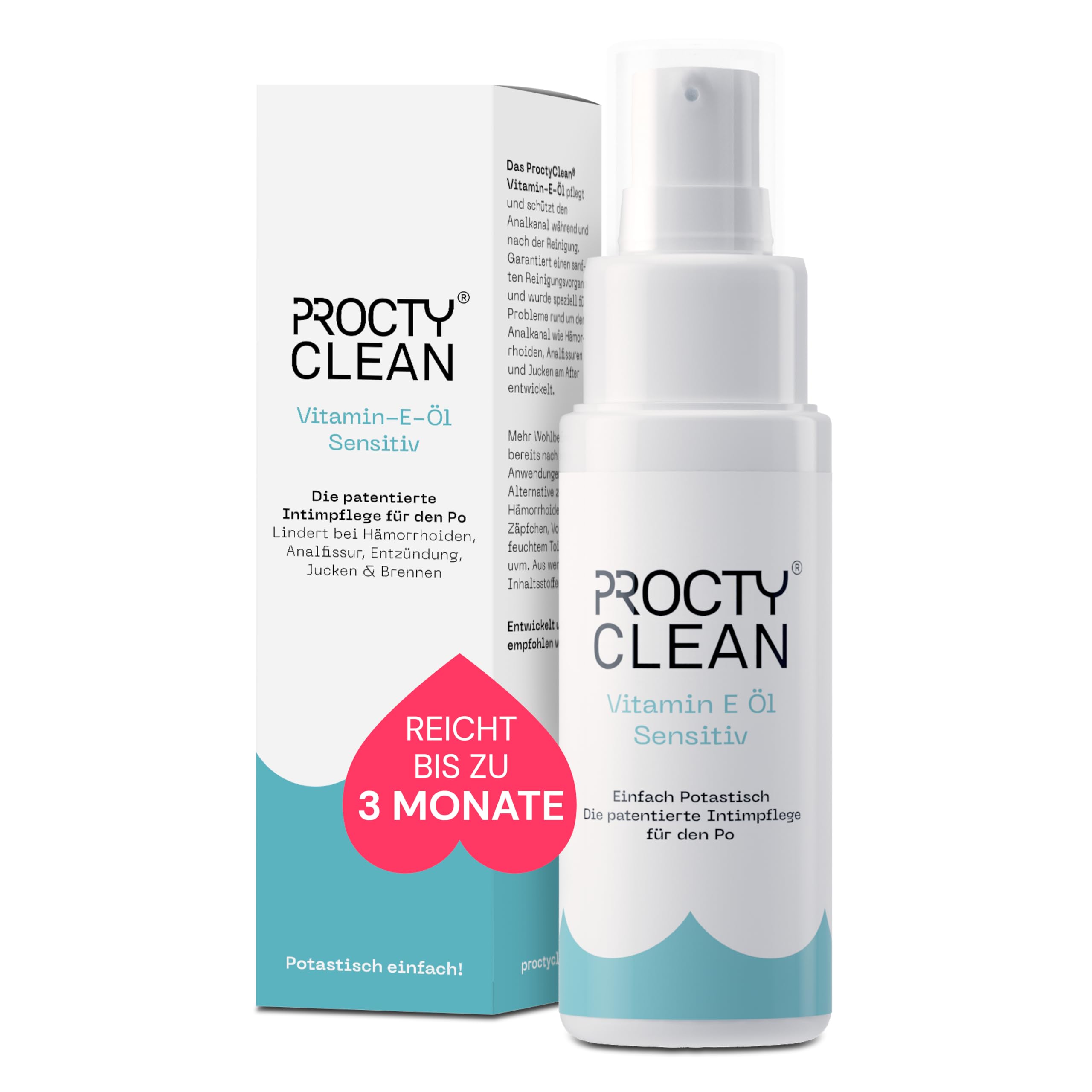 ProctyClean Vitamin-E-Öl für den Po! Alternative für Hämorrhoiden Salbe, feuchtes Toilettenpapier, Salbe für Analfissur, Po Dusche. Intimpflege Damen, Männer. Bei Hämorrhoiden, Entzündungen