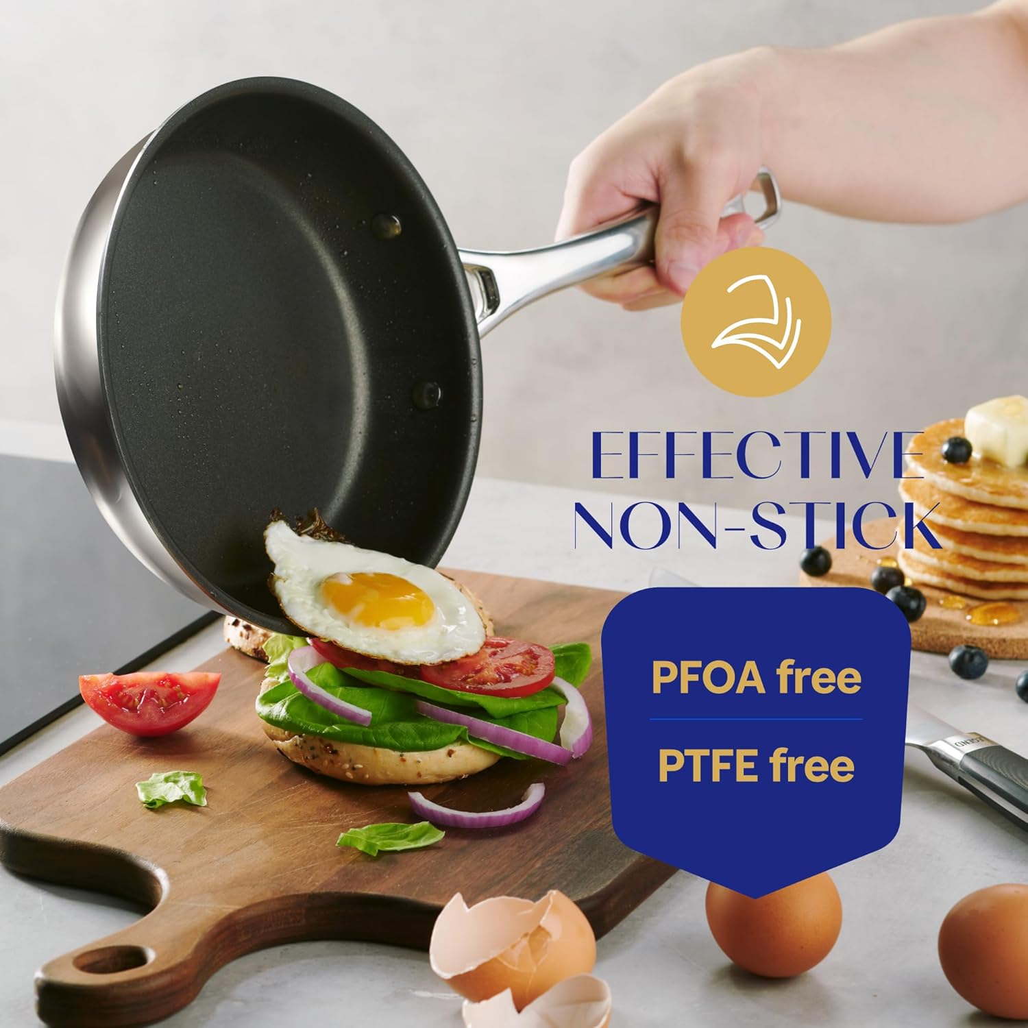 SuperStainless Non-Stick Skillets - 5-Ply Stainless Steel + Aluminum - 2-Ply PFOA-Free Non-Stick - All Cooking Surfaces + Oven - Lids Sold Separately - 1 ea. 8" & 10" Fry Pans