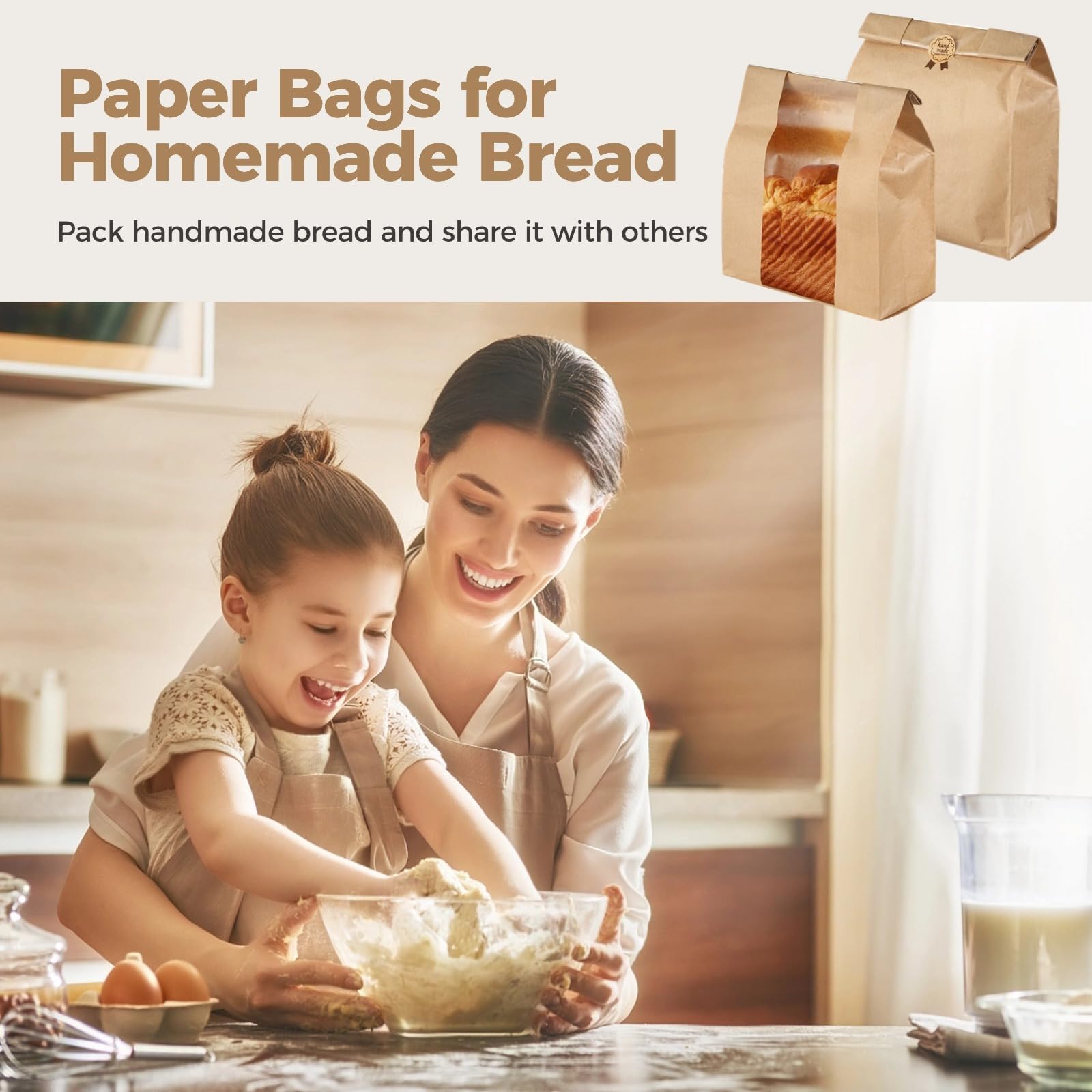100 Kraftpapier-Brottüten, Brottaschen für selbst gebackenes Brot, Sauerteigbeutel mit Sichtfenster, Brotaufbewahrung und Lebensmittelverpackung mit Etikett-Aufklebern, 34,5 x 21 x 8,9 cm