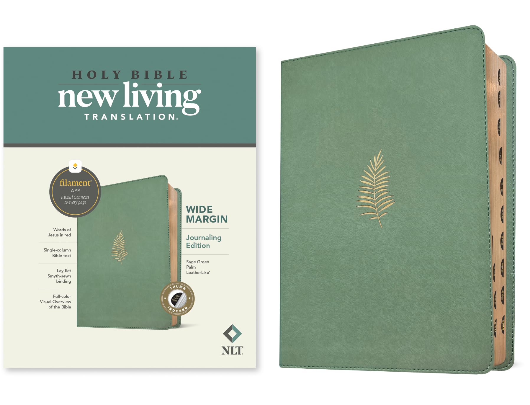 NLT Wide Margin Bible, Filament Enabled (LeatherLike, Sage Green Palm, Indexed, Red Letter)