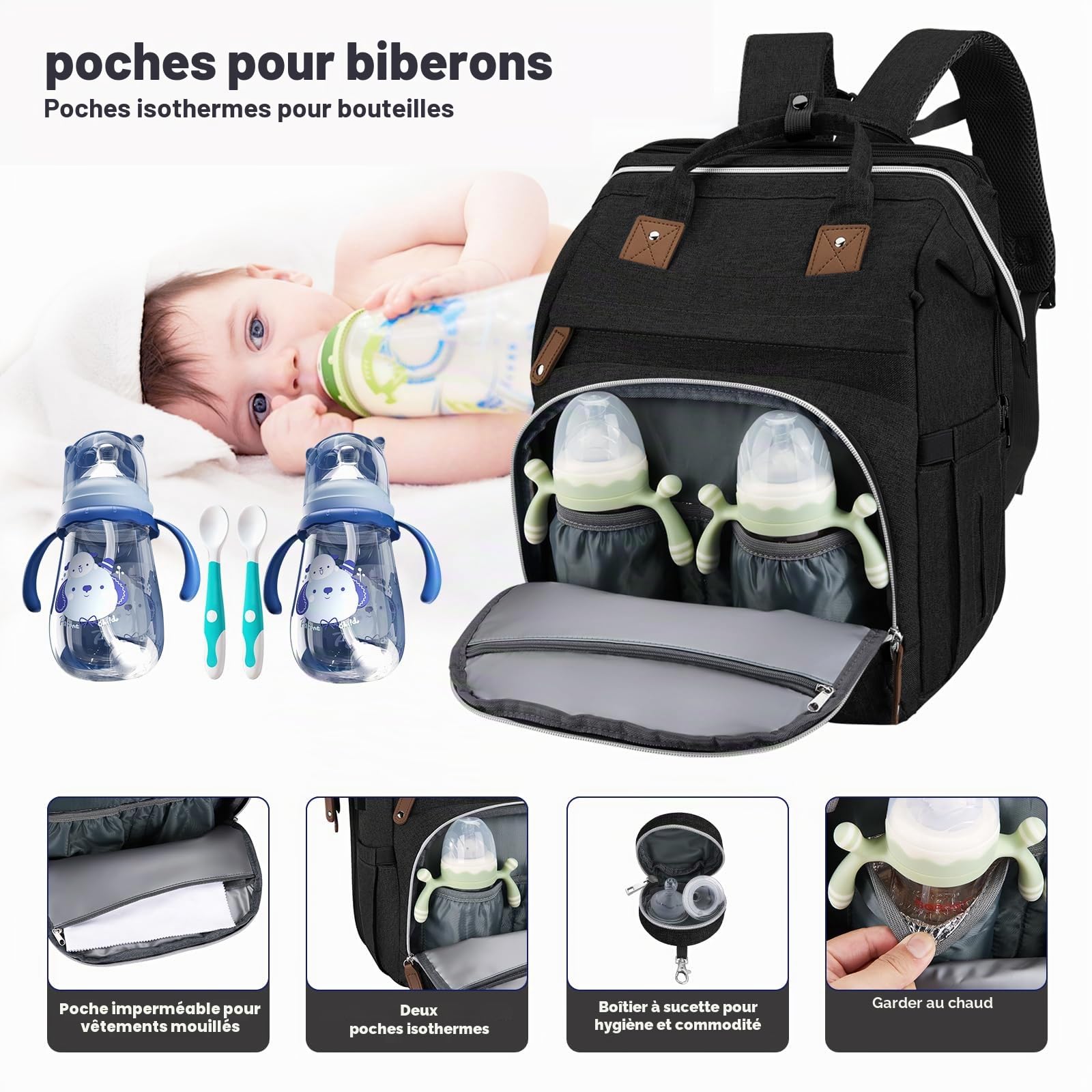 DERJUNSTAR Sac à langer, sac à dos à langer pour bébé avec station à langer