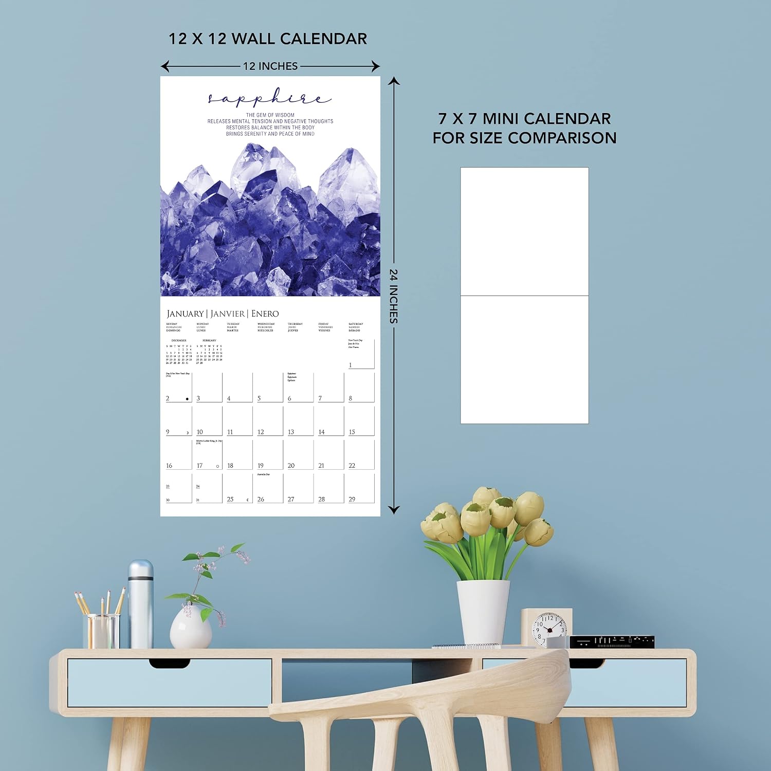 Graphique 2022 Crystals Wall Calendar | 12” x 12” | Thick Paper | Home & Office Organizer | Large Monthly Grid | 3 Languages & Marked Holidays | 4 Month Preview Page for 2023