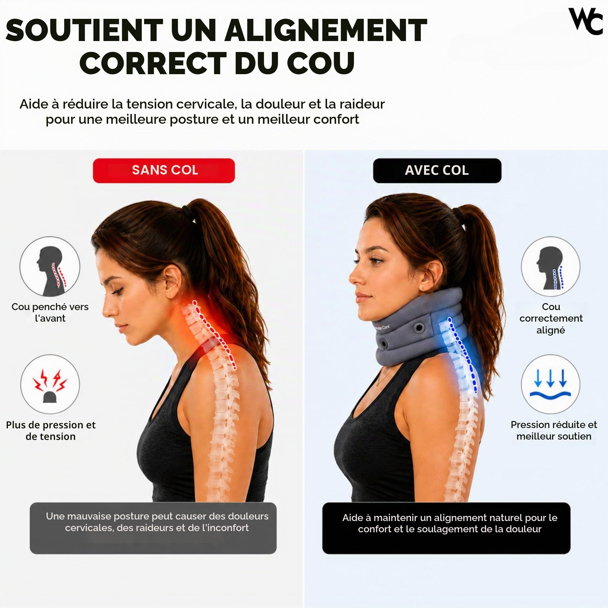 Wonder Care WC- Support de col souple Support de cou réglable Support de cou doux Support pour douleurs au cou et soutien pour hommes et femmes_C101l_grey
