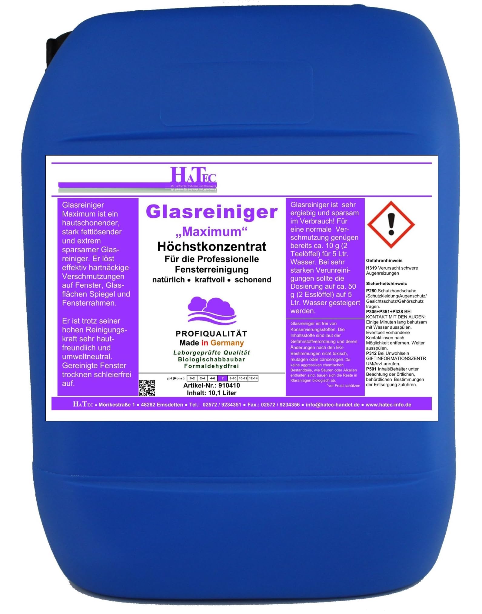 Nettoyant pour vitres concentré maximum pour le nettoyage professionnel des vitres 10,1 l