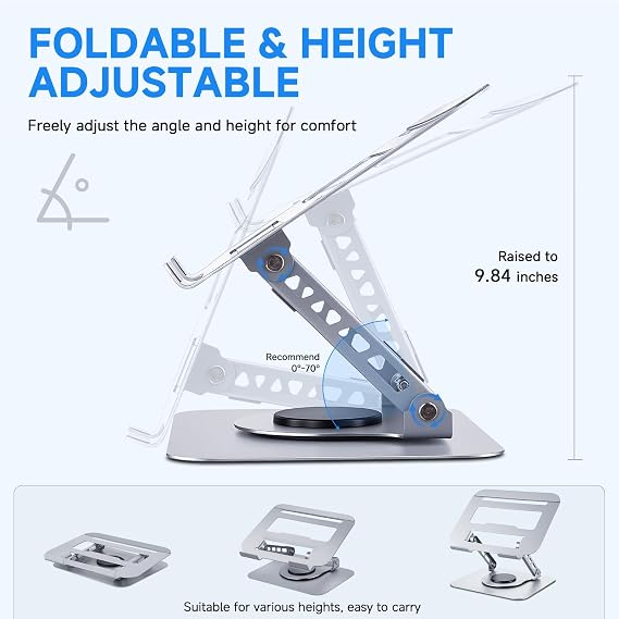 Leeboom Ergonomic Laptop Stand for Desk, 360 Rotating Aluminum Laptop Riser, Adjustable Notebook Holder for MacBook Air/Pro, Dell, HP, Lenovo (1015.6, Silver) Not for Gaming Laptops