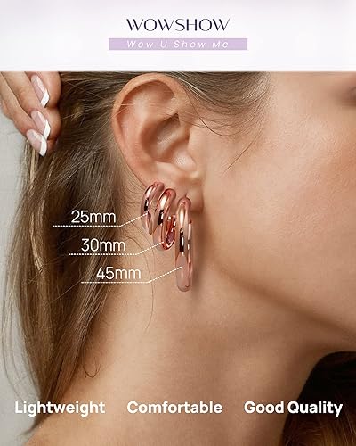 Miniatura 6 de wowshow Chunky Gold Hoop Earrings, Small Gold Hoop Earrings for Women 14K Real Gold Plated Thick Open Hoops Lightweight