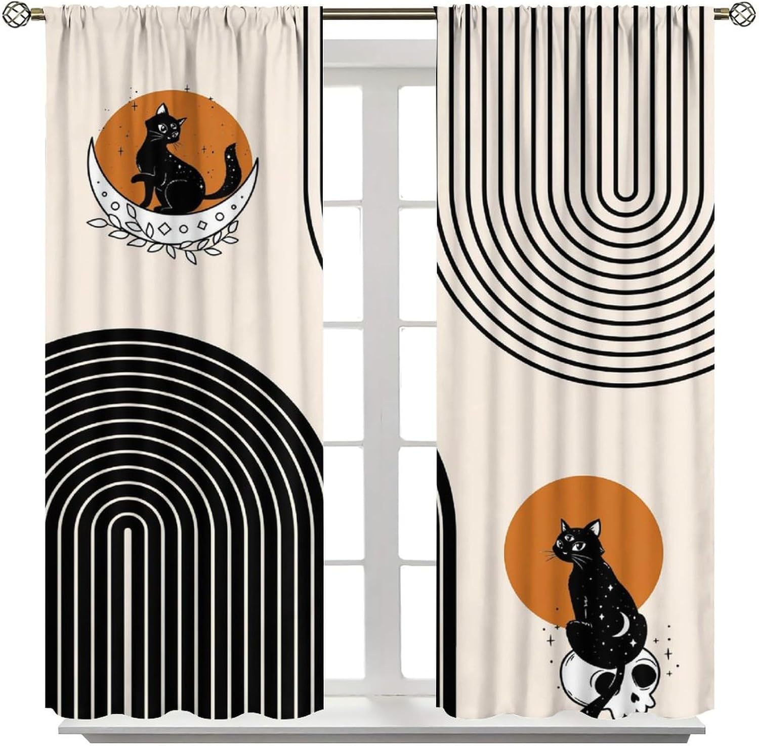 Mid-Century Arched Curtain, Bohemian Black Cat Geometric Abstract Style Vintage Window Treatments, Bedroom and Living Room Blackout Curtains52X84 Inch