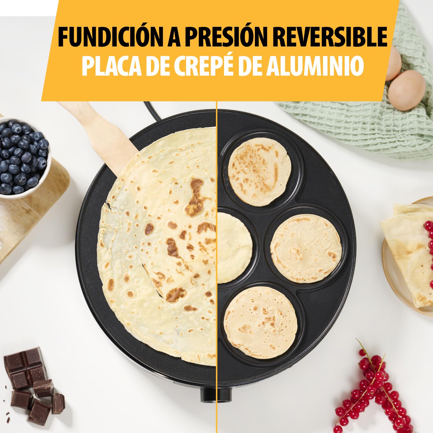 Tristar BP-2639 Crepera con placa extraíble de 33 cm de diámetro, prepara 1 crepe grande o 7 crepes pequeños con la placa reversible, termostato regulable, 1500 W
