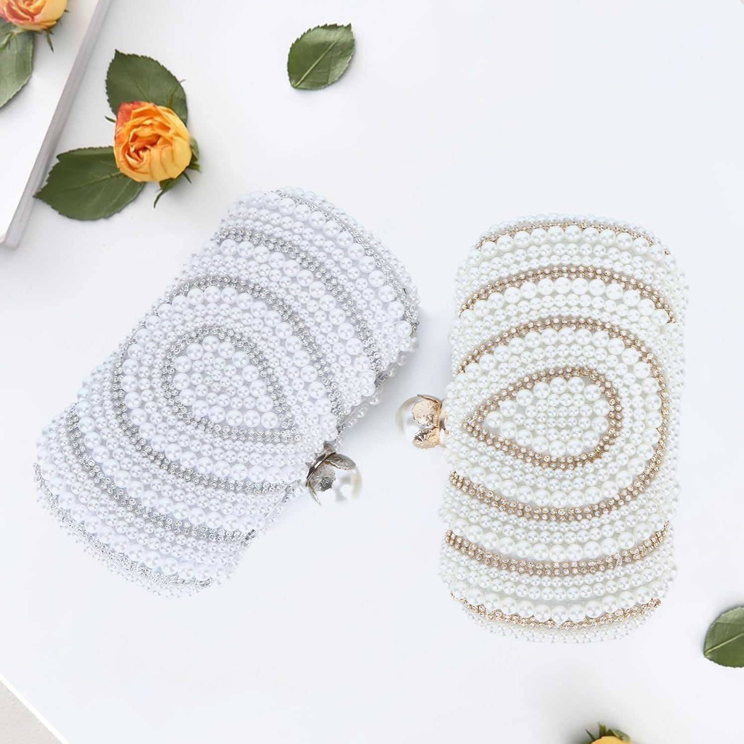 Oweisong White Pearl Clutch Purse for Women Wedding Bridal Clutch Formal Beaded Purse Dress Evening Bag
