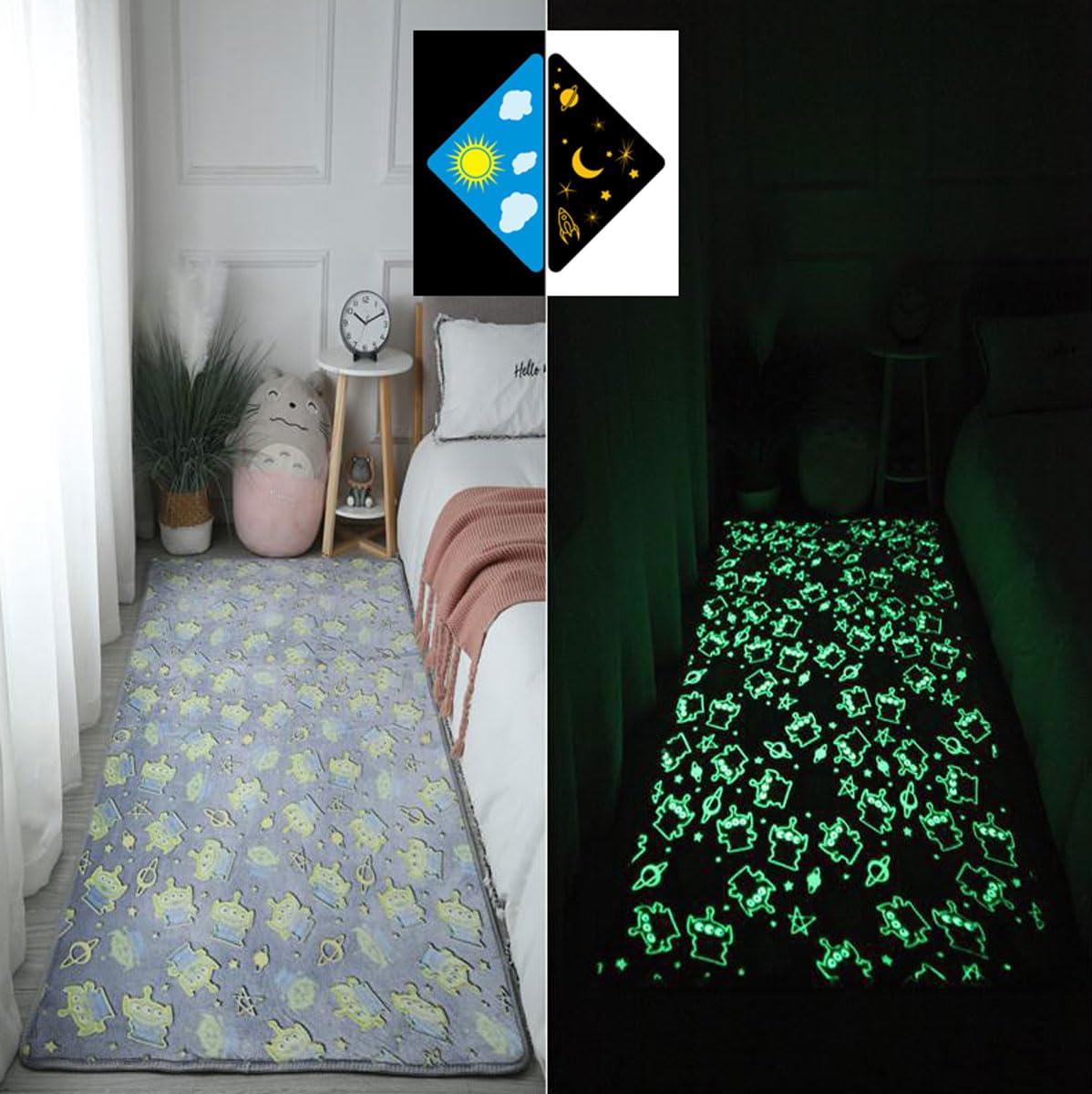 Single tree forest Glow-In-The-Dark Children'S Bedroom Bedside Carpet, Home Decoration Washable Play Rug, Crawling Mat-Light Green Alien-60 * 100cm