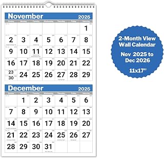 Dunwell 2-Month Wall Calendar 2025-2026 (Blue), Monthly Hanging Calendar with Big Bold Numbers, Easy to Read Print from a Distance, 14 Months Nov 2025-Dec 2026, 11x17 Open, Ships Folded