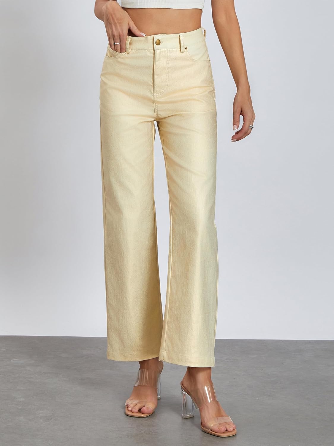 Women's Metallic Shiny Denim Pants Solid Color High Waist Disco Straight Leg Trousers for Party Dance - Image 4