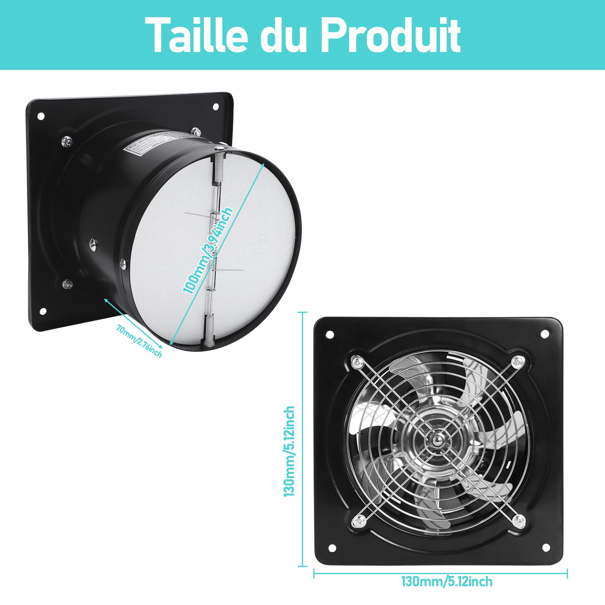 100mm Ventilateur Extracteur d’Air avec Interrupteur, 4 Inch 140m³/h Ventilateur Extraction Cuisine Mural pour Maison Salle de Bain Garage Industriel(Noir)