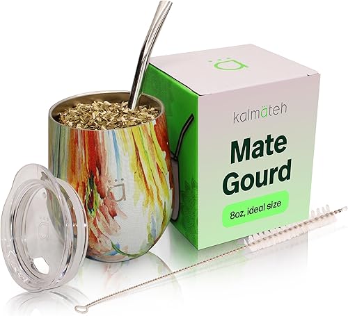 Kalmateh Yerba Mate Gourd - Acero inoxidable de doble pared con tapa sin BPA, filtro de bombilla y limpiador de bombilla, verde camuflaje, 8 onzas