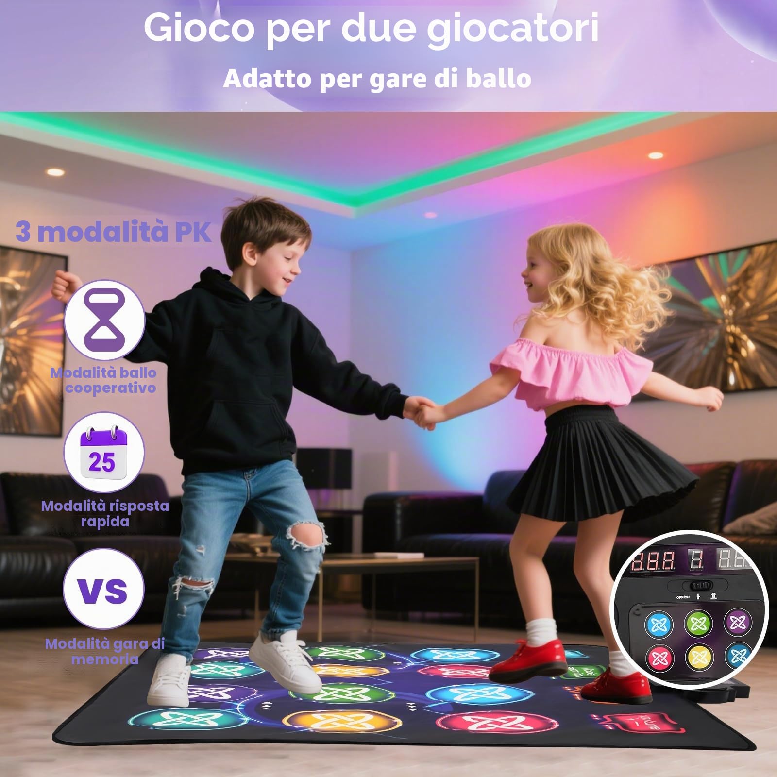 Tappeto da Ballo Doppi Bambini per Ragazze 3-12 Anni con 3 modalità di Difficoltà, Pedana di Gioco Antiscivolo per 2 Giocatori, Tappetino da Ballo Musicale in Materiale PVC Sicuro per Interno