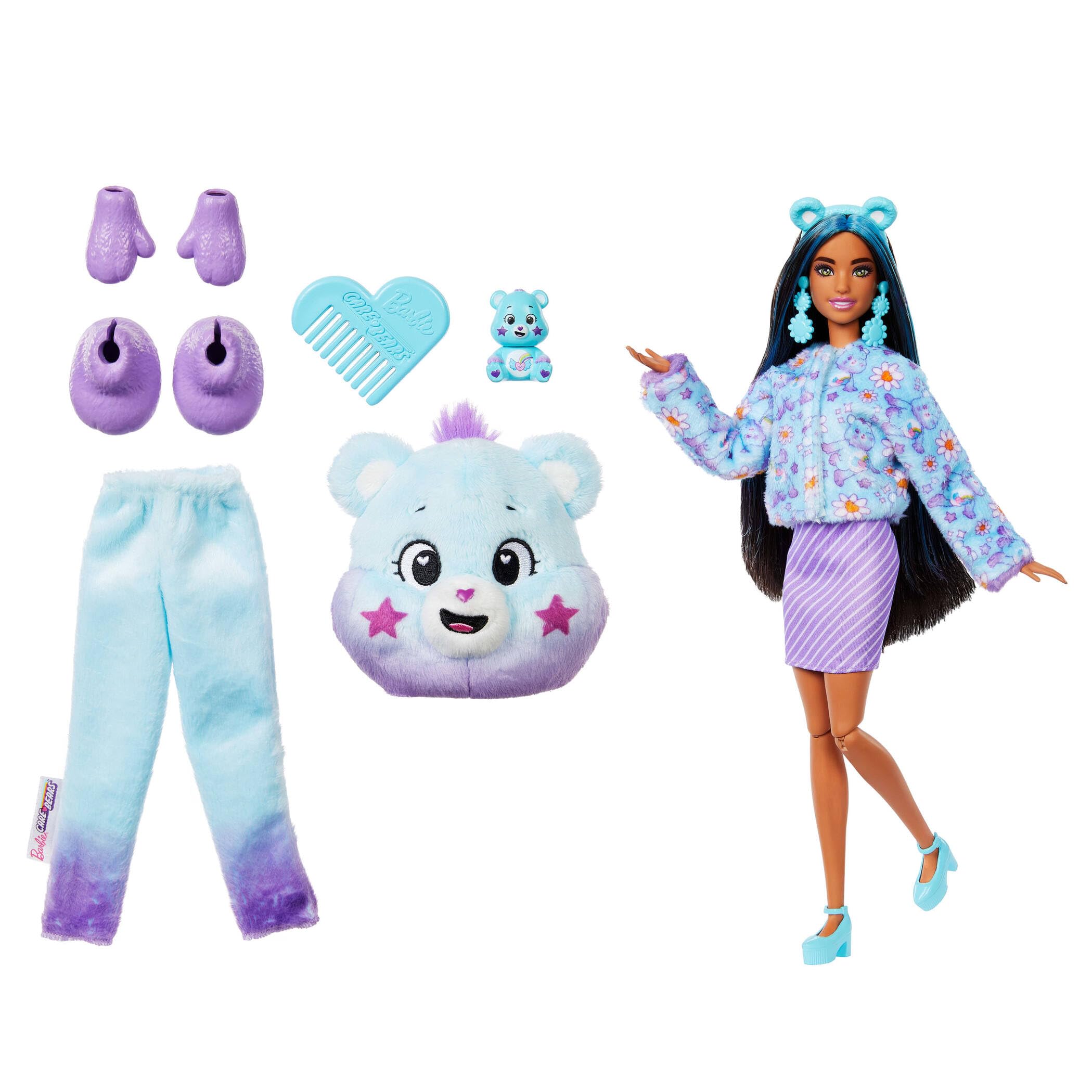 Barbie Cutie Reveal Care Bears Serie 2 Dream Bright Bear Muñeca y accesorios con 10 sorpresas, incluye cambio de color y un osito en miniatura, JFV61