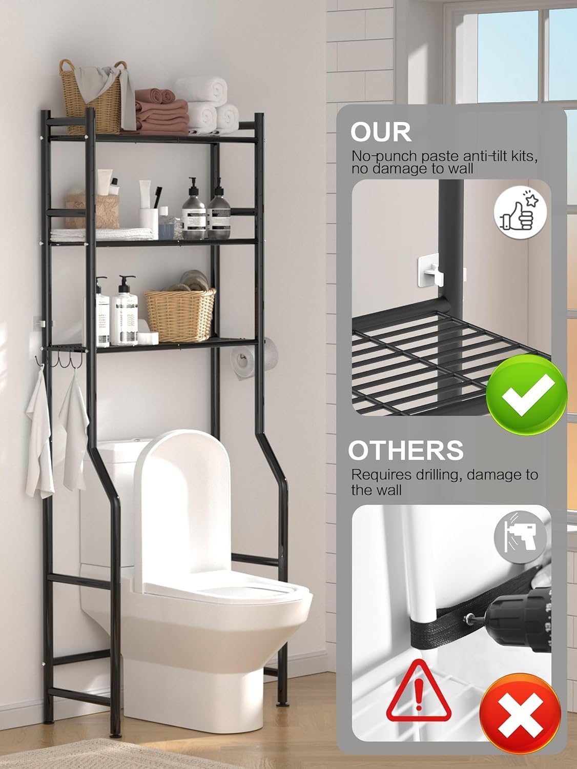 GloTika 3-Tier über die Toilette Lagerung, Platzsparer Metall Badezimmer Regale, freistehend über die Toilette Lagerung Regal mit 4 Haken für Badezimmer, schwarz