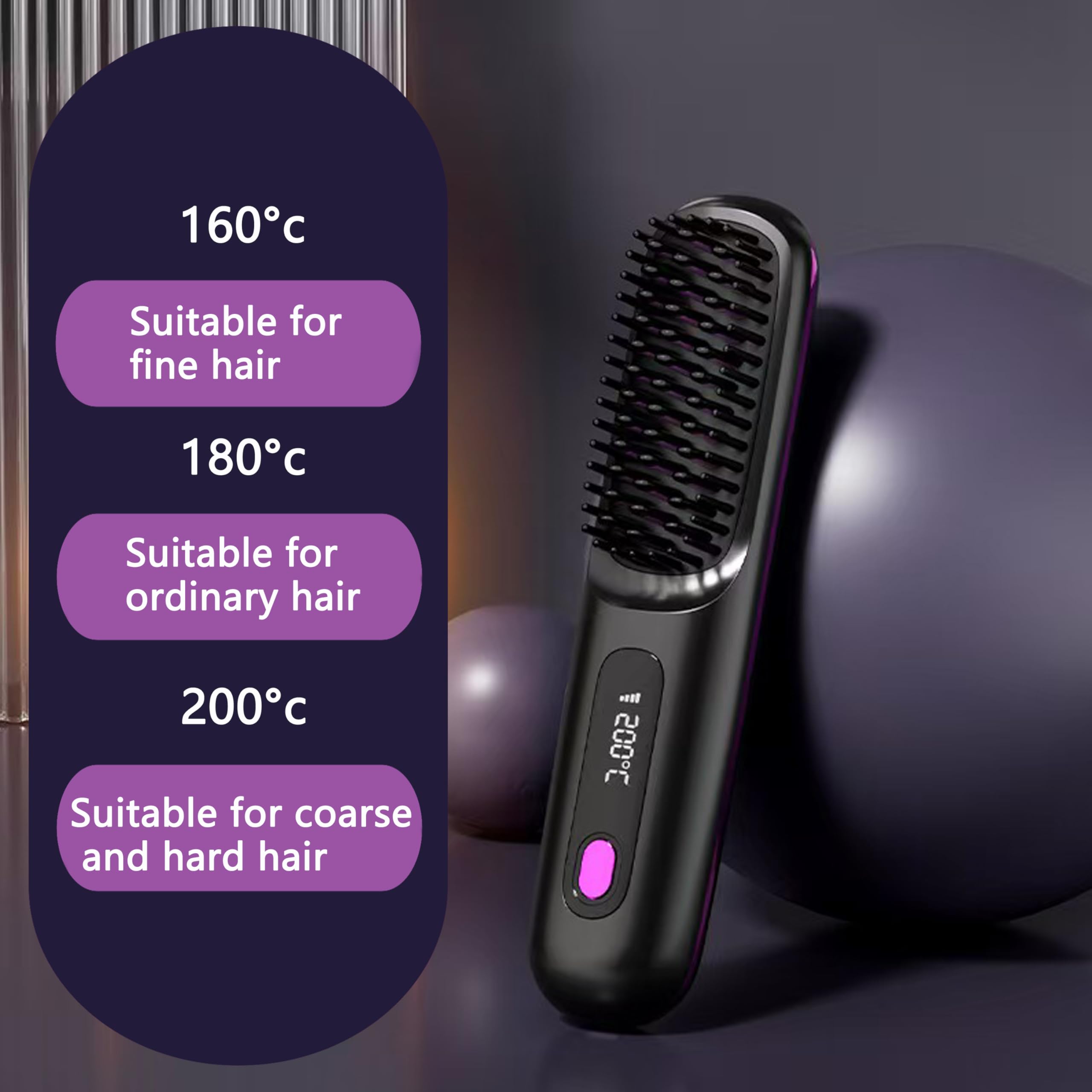 10 o'clock Cordless Hair Straightener Brush, Portable Straightening Brush for Travel, Mini Ionic Hot Comb, Rechargeable Hair Brush Straightener for Women, Dual Power