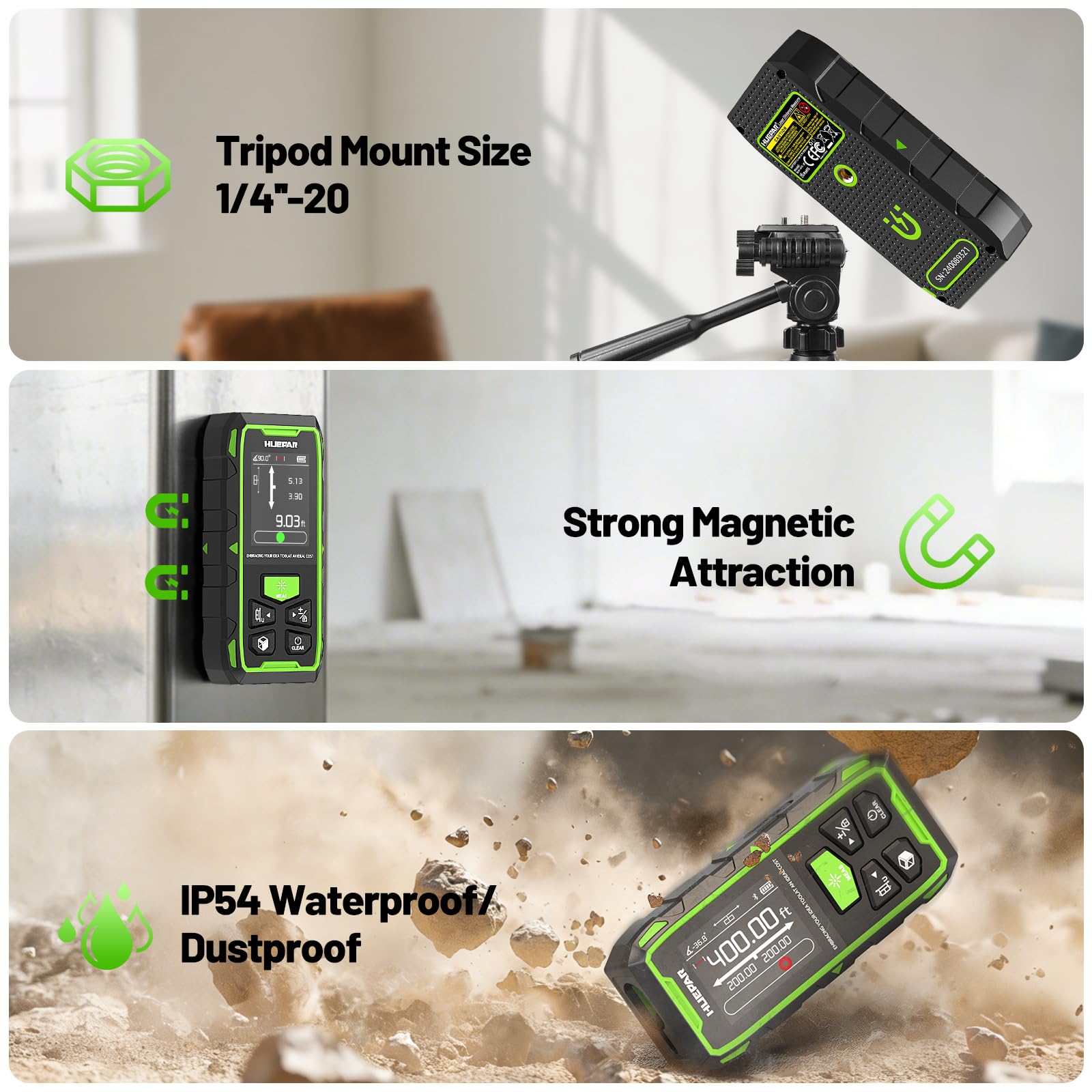 Dual Laser Entfernungsmesser Mit Bluetooth, Huepar 120M Grün Laser Messgerät Entfernungsmesser mit Laser, hintergrundbeleuchtetem LCD, Messung von Entfernung, Fläche Volumen und pythagoreischem Modus