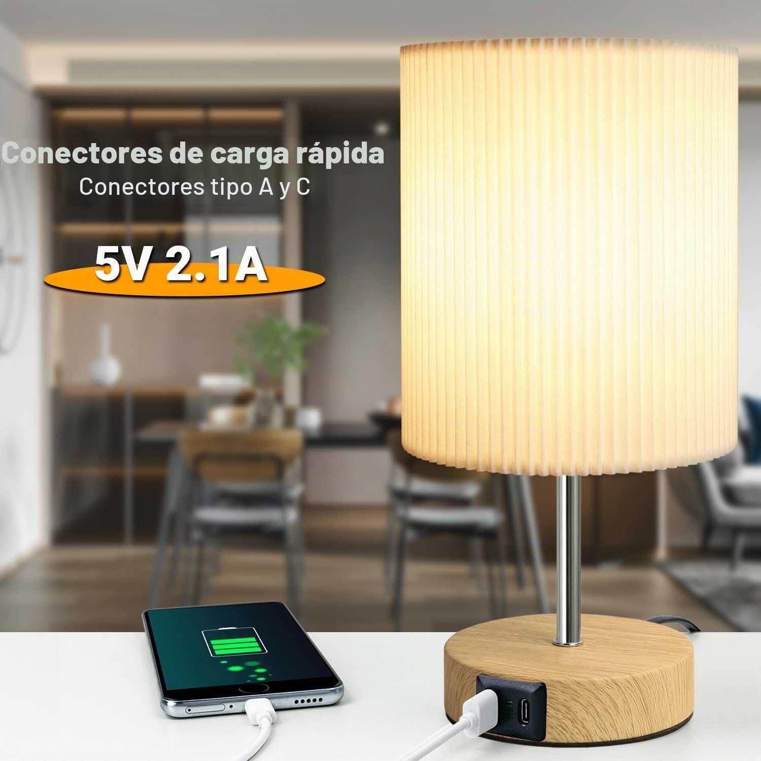 HSLighting Lámpara De Mesita De Noche, Táctil Regulable Lámpara De Mesa Con Función De Carga USB A+C 2 Bombillas LED Pantalla De Lino, Lámpara Pequeña Para Dormitorio Oficina Salón Dormitorio