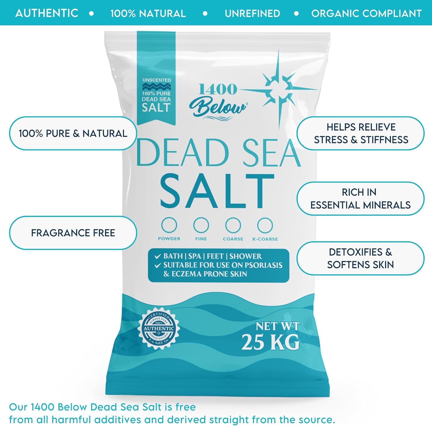 LA Salt Co.'s 100% Pure and Natural Dead Sea Salt Bulk 55 lb Bag, Fine Grain - Image 2