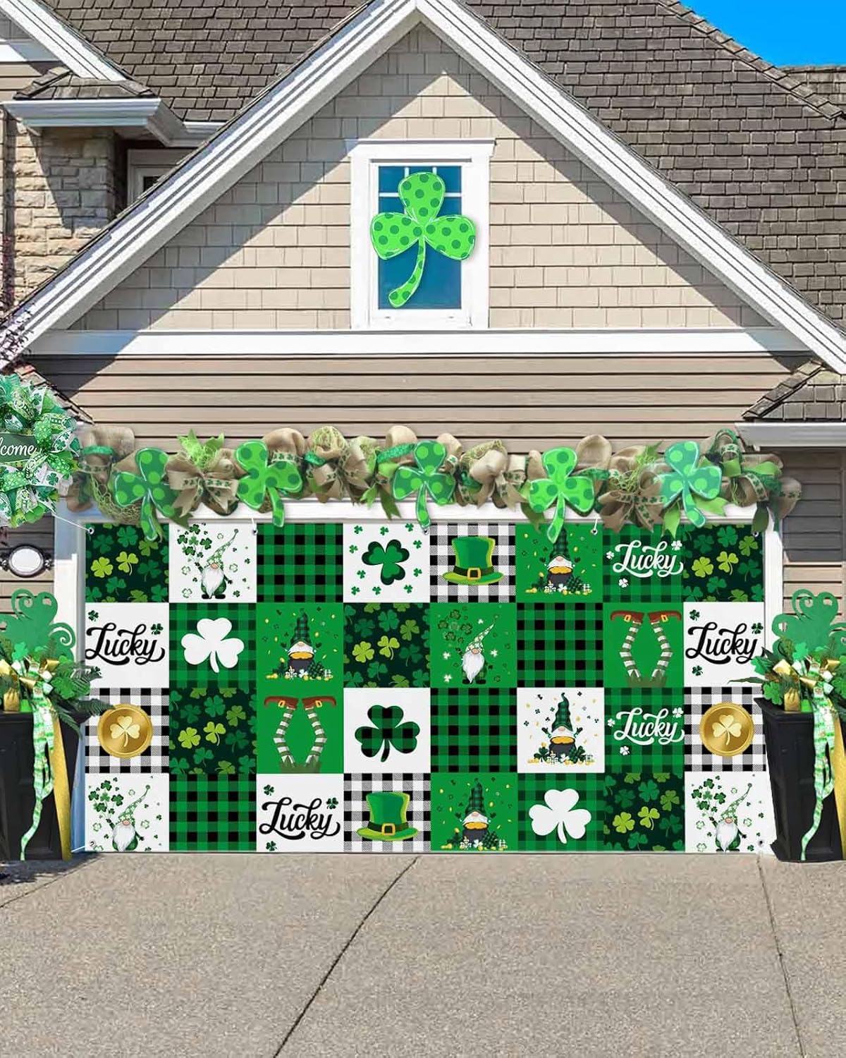 St. Patrick's Day Garage Door Banner Cover 7 x 8 ft, Green Lucky Shamrocks Gnome Hat Coin Green Plaid Garage Door Decorations Holiday Backdrop Decor for St. Patrick's Day Party