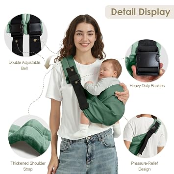 Baby Sling Carrier for Toddler, Baby Carrier Sling, Lightweight Toddler Carrier with Secure Buckle, Premium Cotton Toddlers Hip Carry Sling, Adjustable with Left/Right Shoulder Strap, Green
