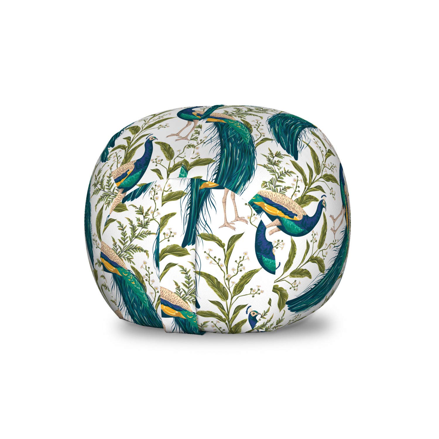 Lunarable Exotic Storage Toy Bag Chair, Peacocks Flowers and Leaves Vintage Hand Drawn Illustration in Watercolor Style, Stuffed Animal Organizer Washable Bag, Small Size, Emerald Green