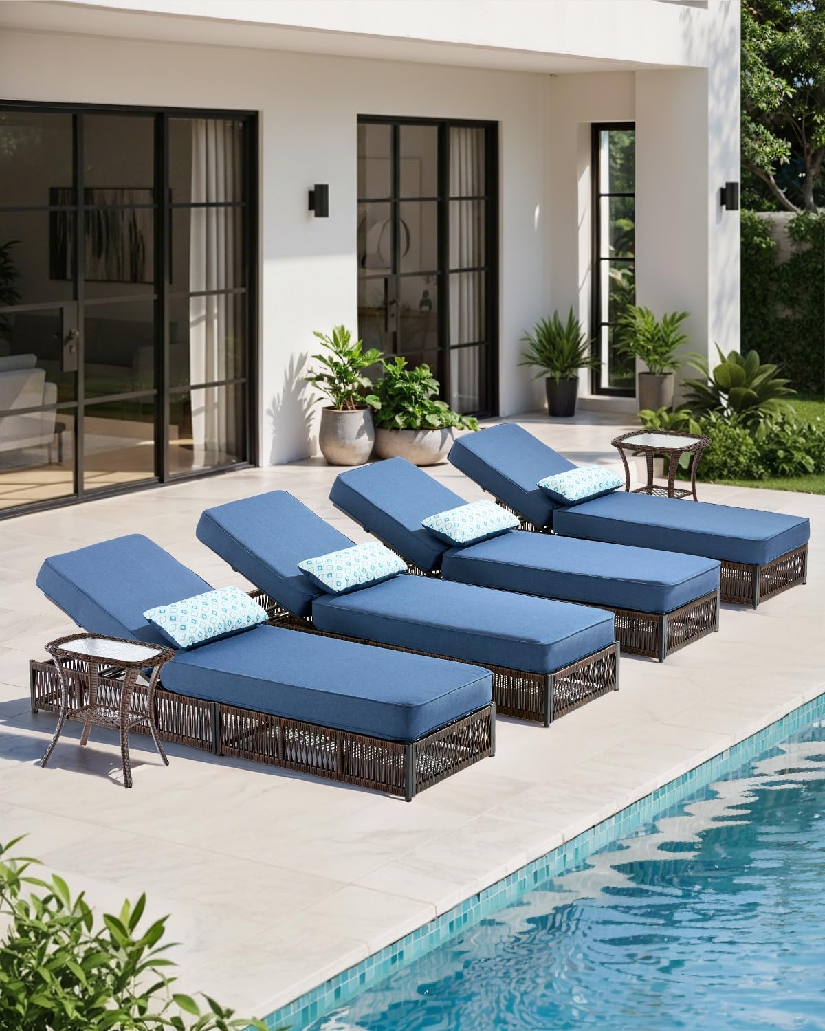 Luxury Outdoor Chaise Lounge Chairs of 4 with 5 Inch Thick Cushions and Side Table - 6 PCS High Back Brown Wicker Patio Recliners Lounger Furniture Set for Poolside Sunbathing - Navy Blue