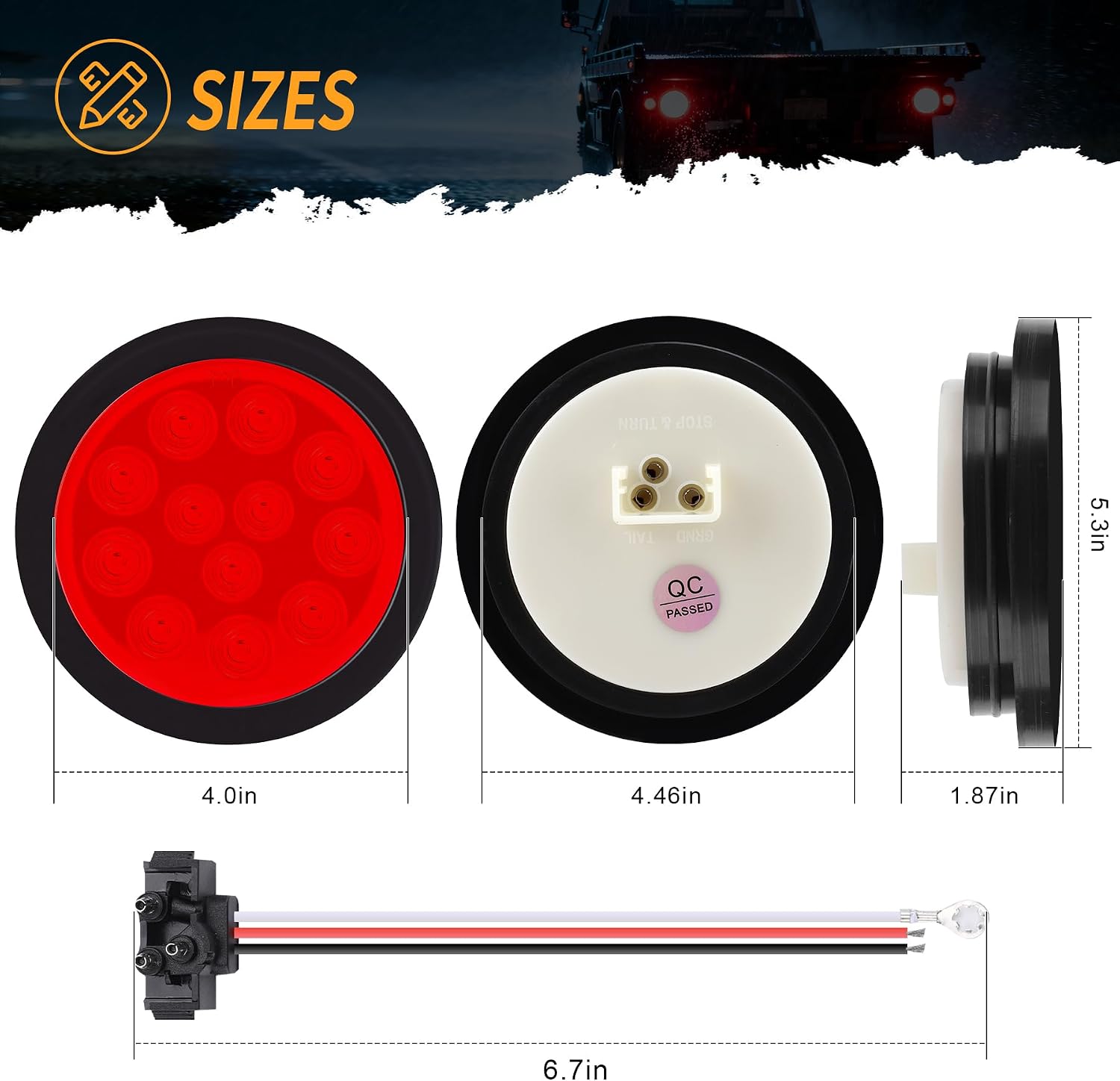 2PCS 4" Round Red LED Trailer Tail Lights 12 LEDs, IP67 Waterproof Stop Brake Turn Lights with Surface Mount Grommet for Truck Trailer RV Jeep