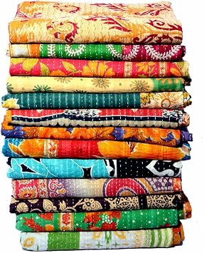 Indian Vintage Handmade Kantha Quilts Tribal Kantha Cotton Bed Cover Throw Assorted Patches Made Rally Reversible Bedspread Throw Old Sari Assorted Patches Indian Blanket10 PCS