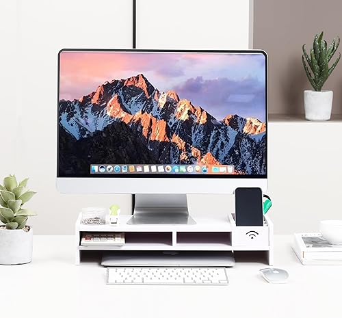 Miniatura 2 de Soporte elevador para monitor, estante elevador para laptop con cajón organizador (blanco, 19 pulgadas de largo x 8 pulgadas de ancho x 4 pulgadas