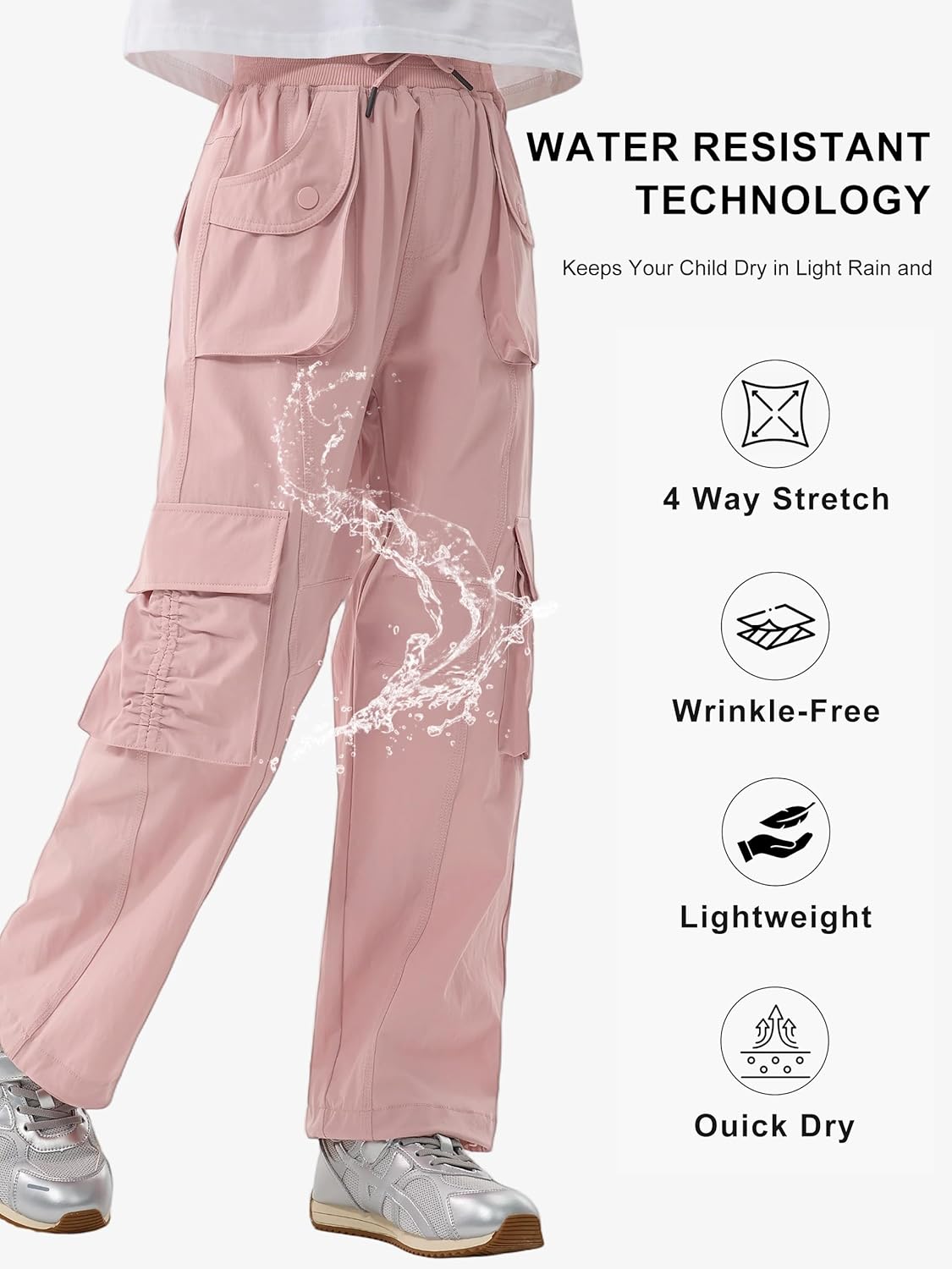 Rolanko Girls Outdoor Cargo Pants Waterproof Hiking Pants with Pockets, Lightweight Quick Dry Joggers for School Travel 8-14Y