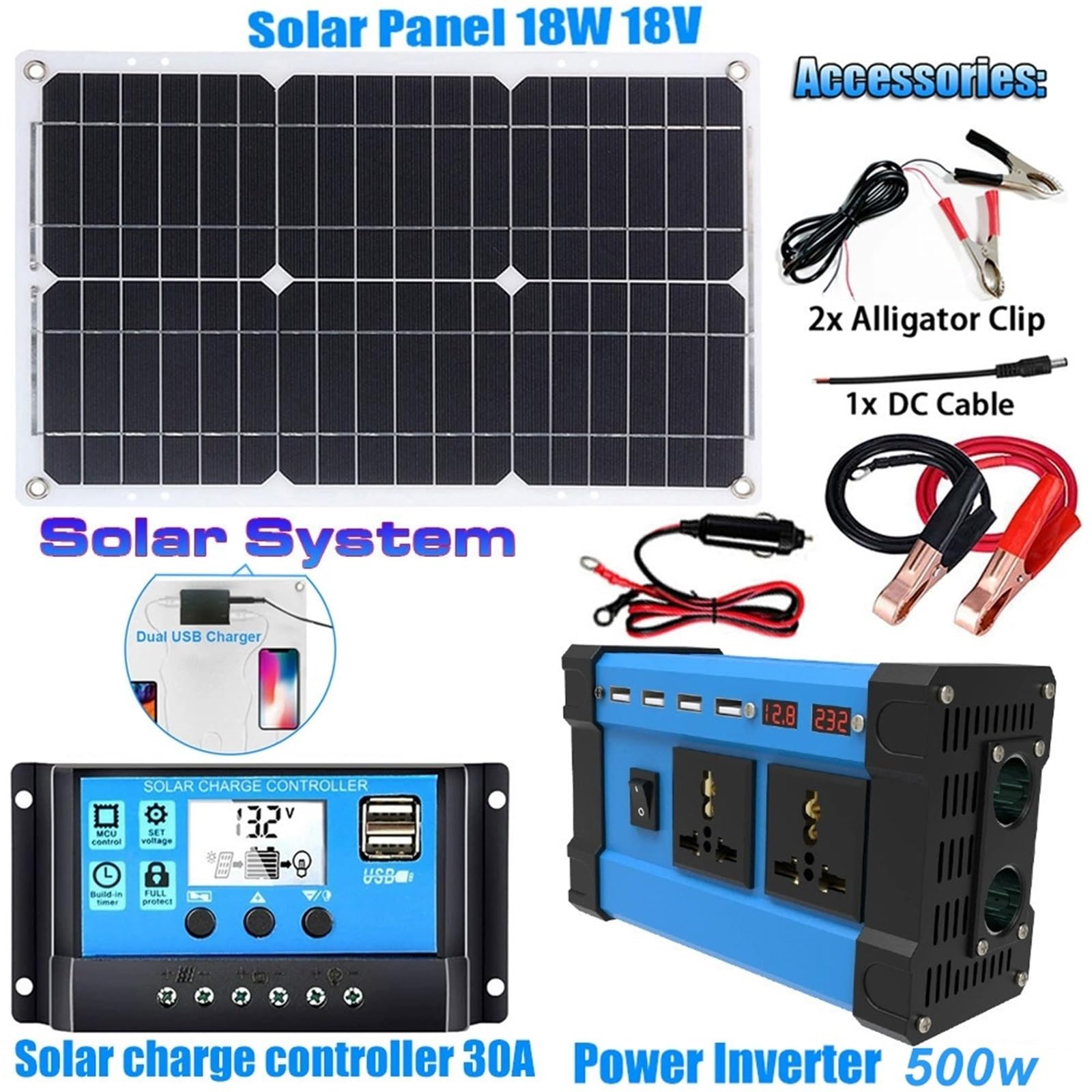Kit pannello solare completo, system di pannelli solari | Controller 30a+Inverter 500w+Pannello 18w, 4 porte USB, doppia presa universale, doppio display digitale LCD