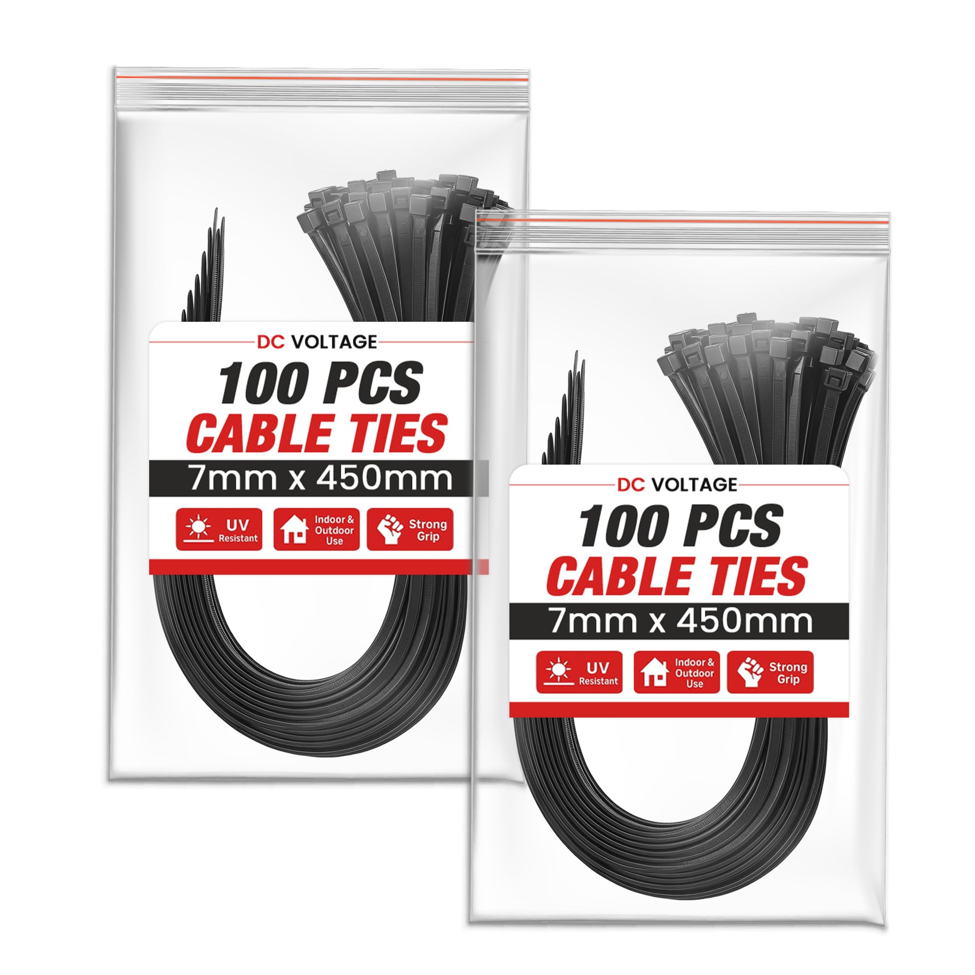 DC VOLTAGE 2 Pack Cable Ties Heavy Duty 200 Pcs, Ultra Strong Tensile Strength, UV Resistant Plastic Zip Ties Extra Long Tie Wraps for Outdoor Use (Black 450mm x 7mm) — image 1