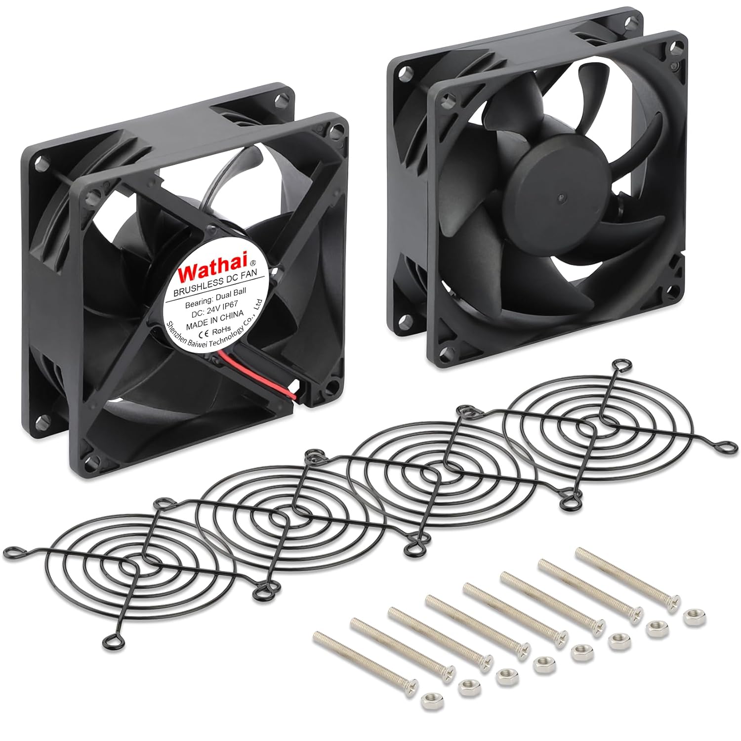 2 Pack Wathai IP67 Waterproof 80mm 24V DC Cooling Fan Dual Ball High Speed for PC Case, Electronics Equipment 80mm x 25mm