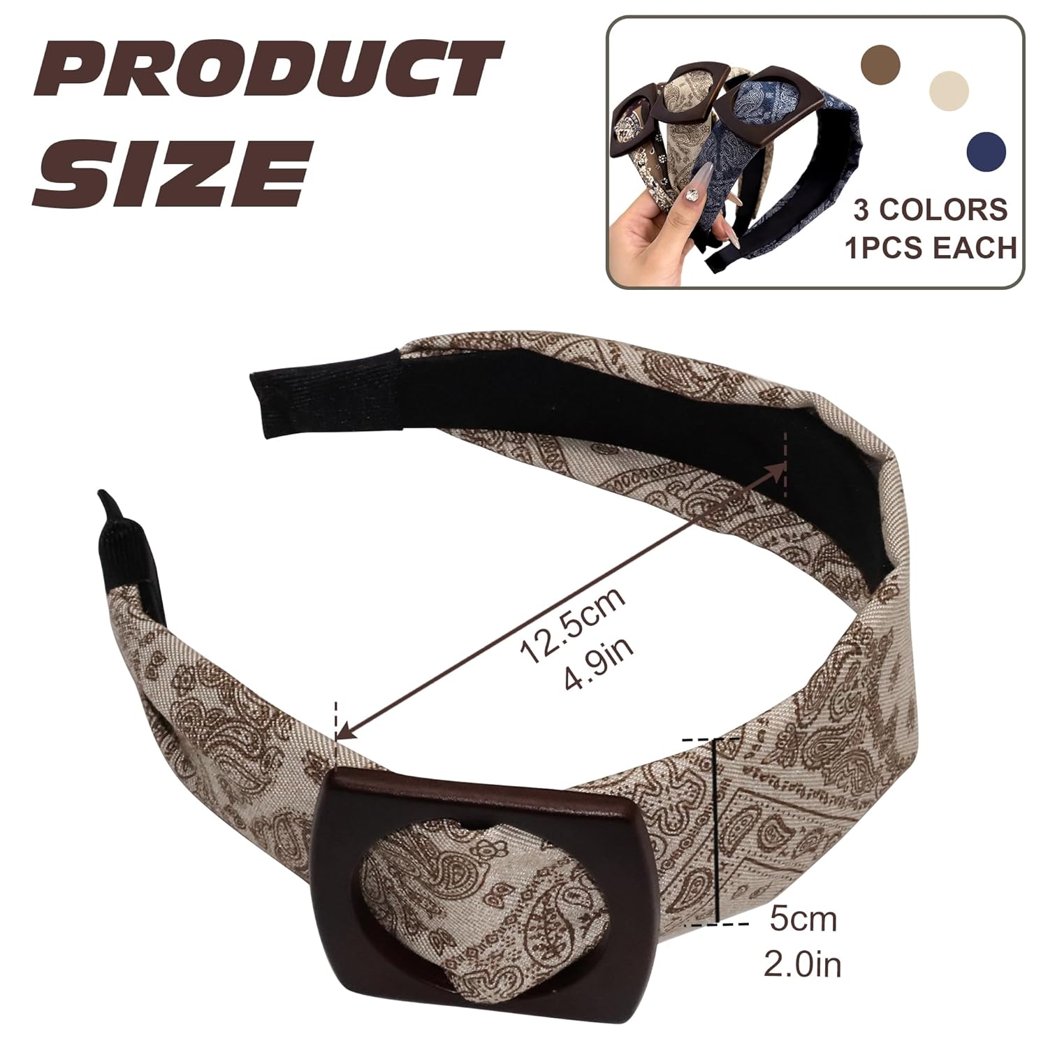 3 Pack Boho Headbands for Women, Wide Hard Hair Hoops with Paisley Bandana Print, Vintage Retro Buckle Non-Slip Hair Bands Accessories for Daily Wear(Pattern placement may vary due to fabric cutting) - Image 2