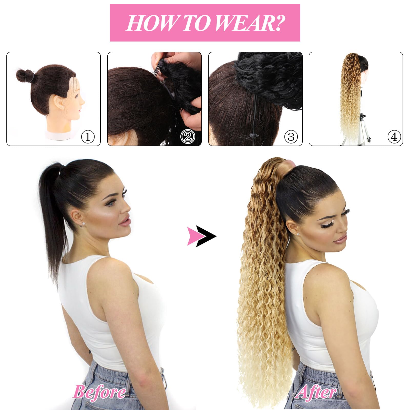 BEAUTY ON LINE Blonde Ponytail Extension Curly 30 inch Long Blonde Drawstring Ponytail Synthetic Clip in Ponytail Hair Extensions OT27/613 Curly Water Wave Clip in Hair Pieces for Women - Image 4