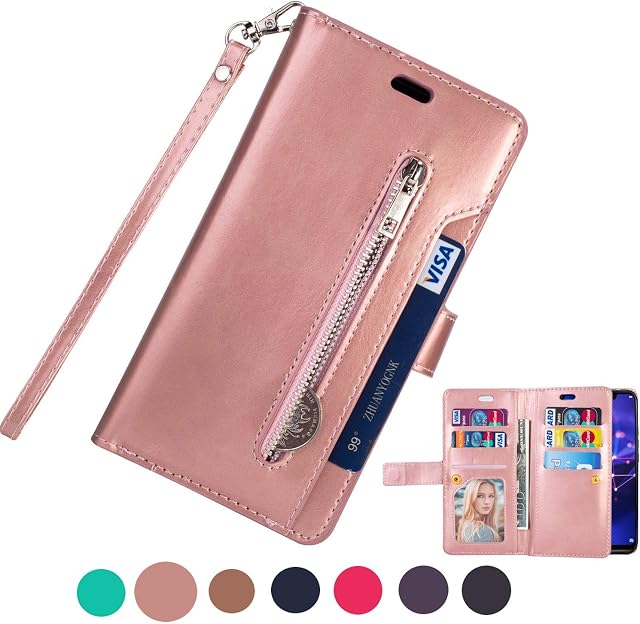 ZCDAYE Zipper Wallet Case for Huawei P20 Pro,Premium Magnetic Multi-functional Handbag Dual Folio PU Leather Stand Flip Case Cover with [Card Slots][Wrist Strap] for Huawei P20 Pro,Rose Gold