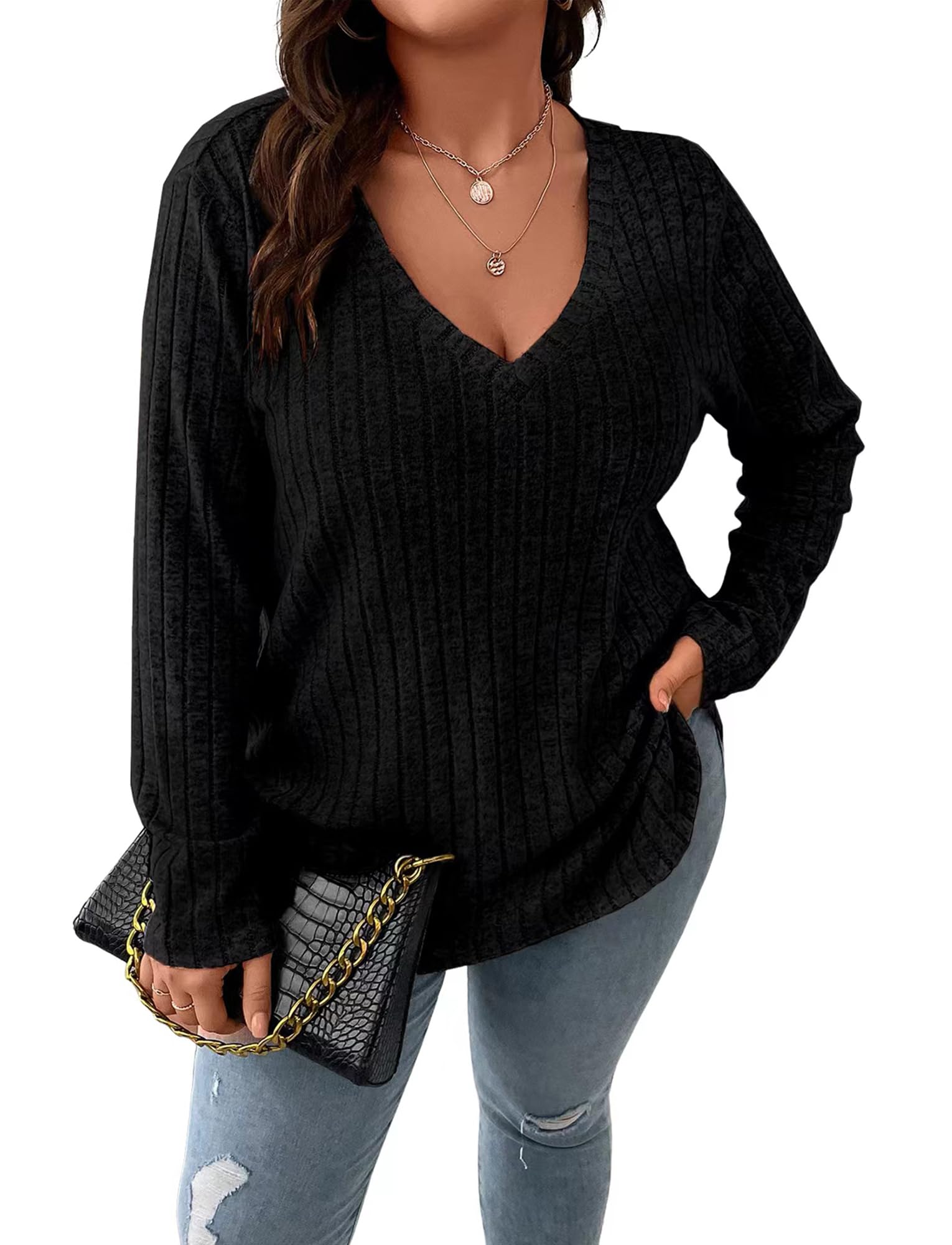 Women Plus Size Casual Knit V Neck Lightweight Long Sleeve Sweaters XL-5XL