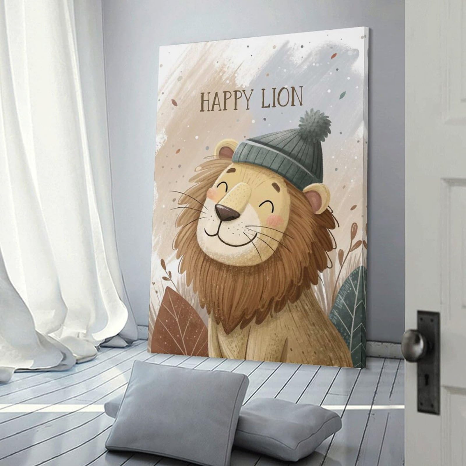 Junmoney Wall Decor Canvas Print Happy Lion Wearing A Beanie, 20x30inch(50x75cm), for Study, Office Or Focused Interiors, Wall Art That Adds Style to Work Areas