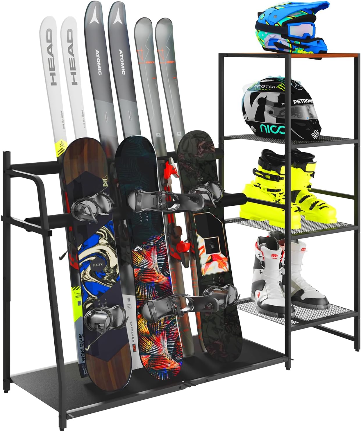 Freestanding Snowboard Rack - Stores 4 Pair Ski, 3 Pack Snowboard, Boot, Pole, Goggles, Helmet Rack for Garage, Shed, Basement