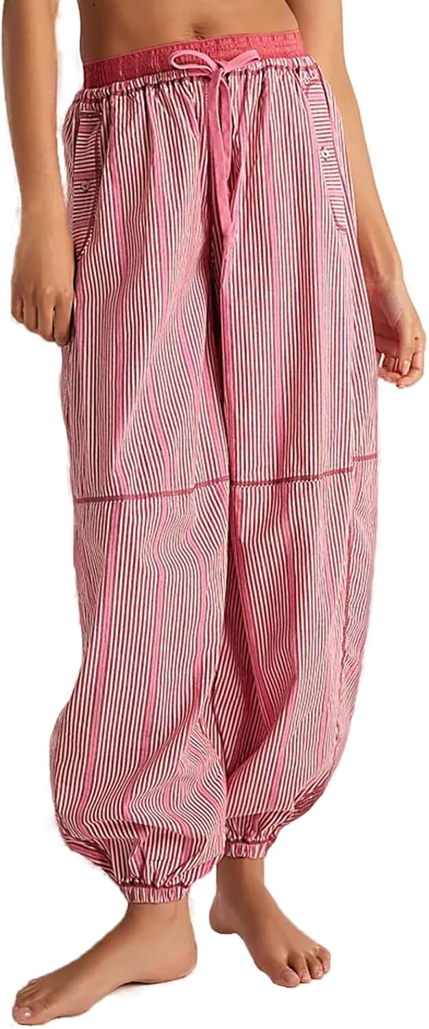 Women's Striped Palazzo Pants Elastic Waist Drawstring Casual Wide Leg Pajama Loung...