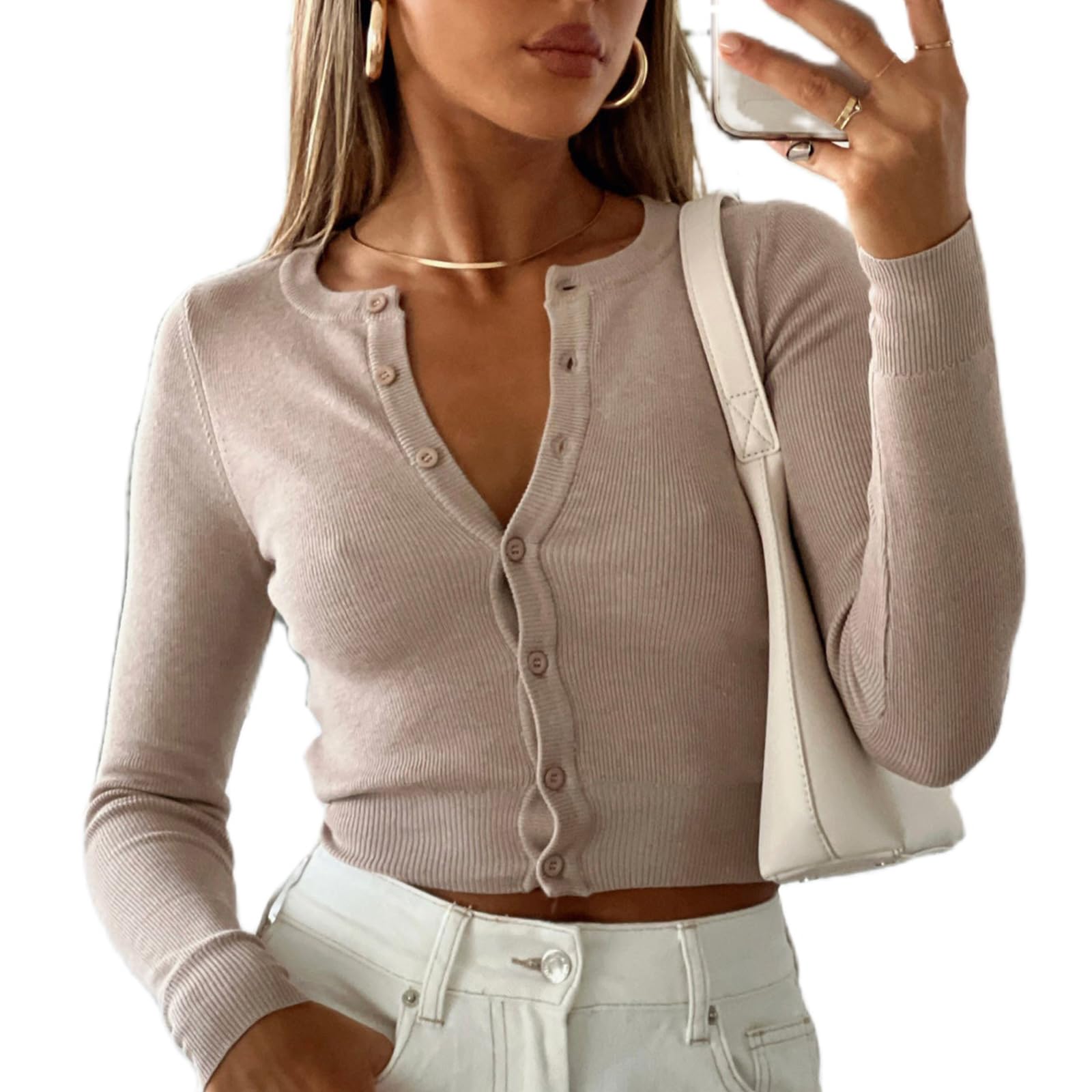 Giraropa Womens 2024 Cropped Cardigan Long Sleeve Button Down Lightweight Shrug Ribbed Knit Sweater Tops