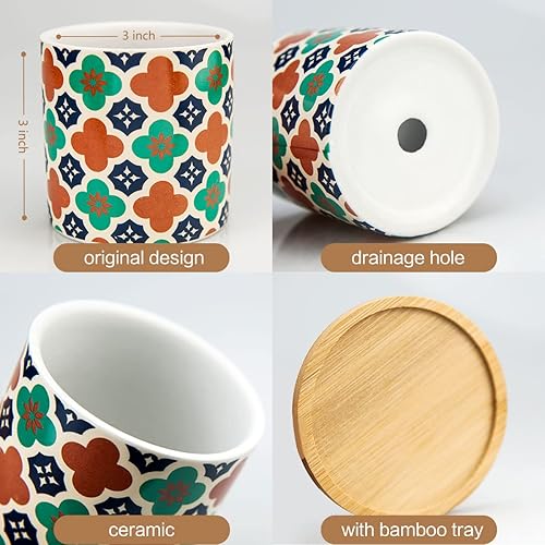 Miniatura 5 de Ascrafter Paquete de 6 macetas para suculentas con orificio de drenaje, maceta de cerámica de 3 pulgadas con bandeja de bambú, macetas de color