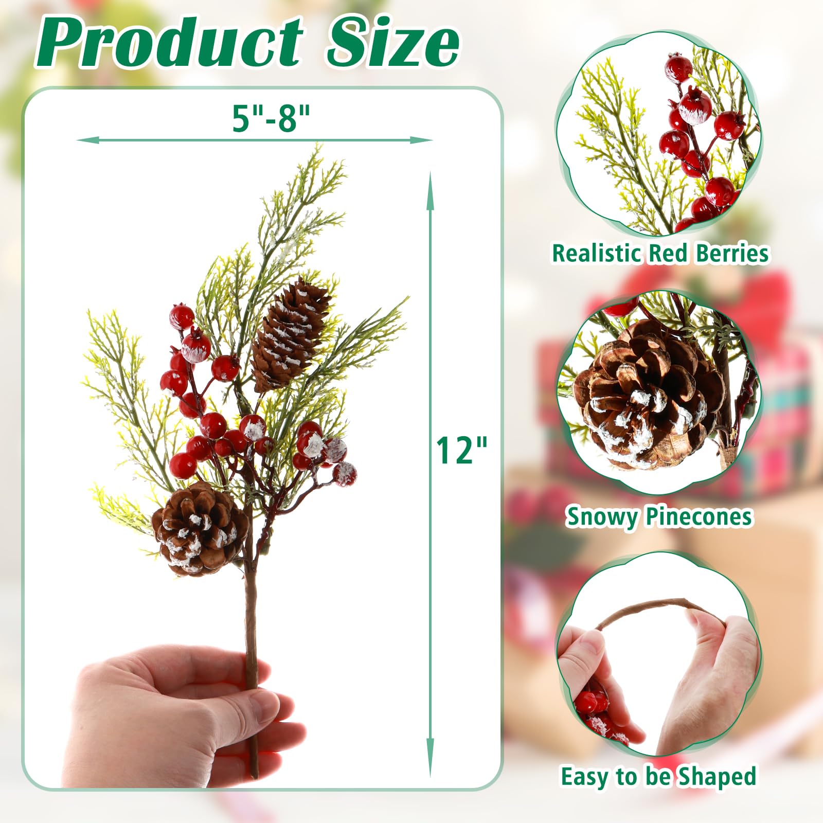 GoClimber Paquete de 12 púas artificiales para árbol de Navidad, 12 pulgadas, surtido de bayas rojas y pinos con piñas para arreglos florales de Navidad, corona, decoración de temporada de vacaciones
