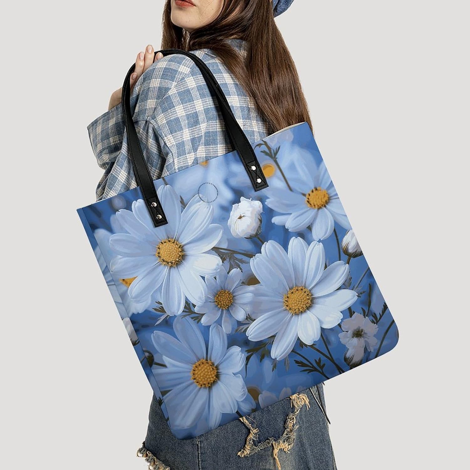 Daisy Blue Handbags Large Capacity, Tote Bag Stylish Slouchy, Shoulder Bags for Work Beach Travel And Shopping Grocery.